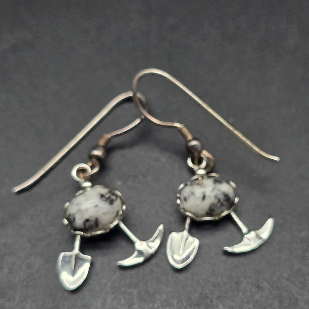 Rock Hound Mining Earrings Dalmatian Jasper Silver Tone Ax Pick Shovel
